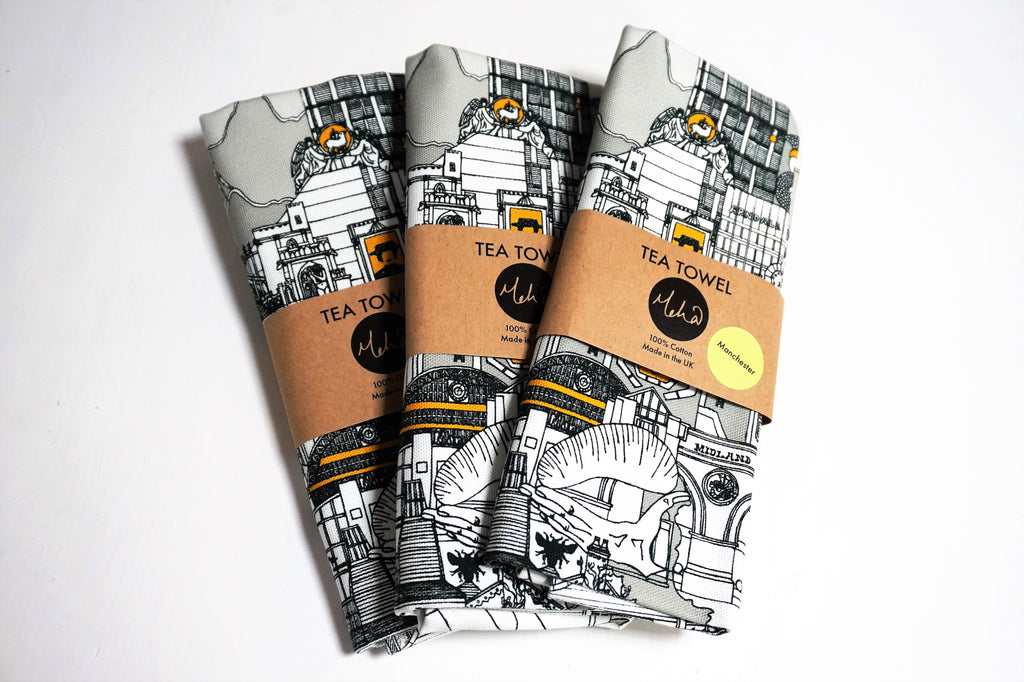 Tea Towel - Manchester Skyline Black, Grey, Yellow