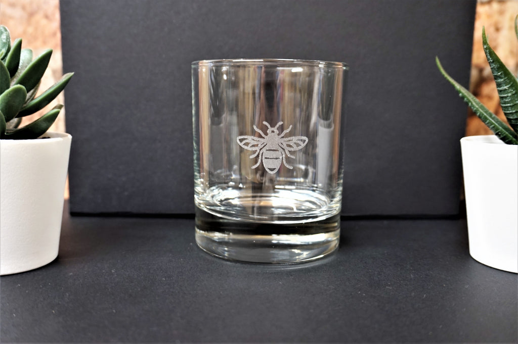 Manchester Bee Engraved Glass Tumbler