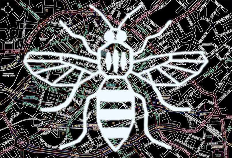 Manchester Bee Map Canvas Art - White-Neon