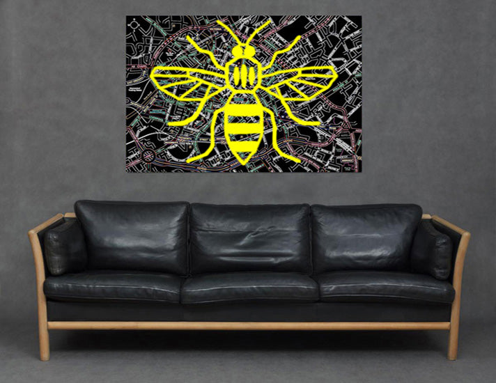 Manchester Bee Map Canvas Art - Yellow / Neon