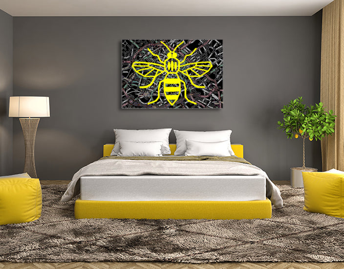Manchester Bee Map Canvas Art - Yellow / Neon