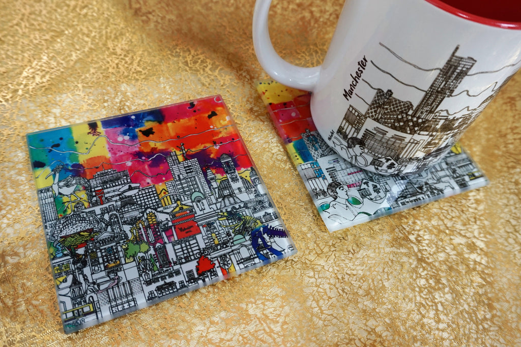 Glass Coasters Set of 2 - Manchester Skyline - Colour