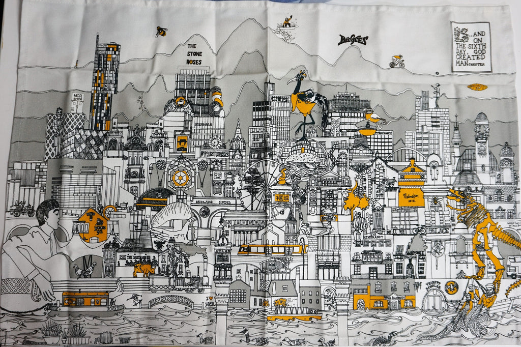 Tea Towel - Manchester Skyline Black, Grey, Yellow